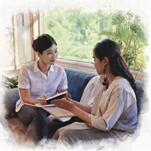 Firefly counseling session of two asian people sitting at cafe, watercolor style, light pastel color