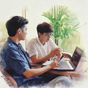 Firefly mentoring session of two asian men sitting at a company desk, watercolor style, light pastel